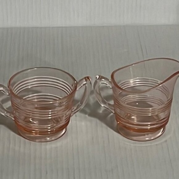 Vintage Pink Depression Glass Anchor Hocking Banded Rings Cream and Sugar - Picture 2 of 7
